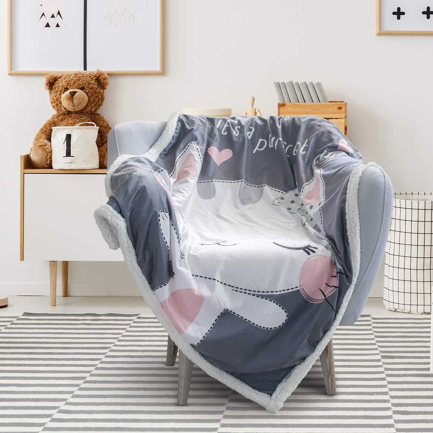 1X 5 STARS UNITED BABY BLANKET FOR GIRLS AND BOYS | GREY CAT 102X127 CM | ANIMAL PRINT PREMIUM FLEECE WITH SHERPA THROW