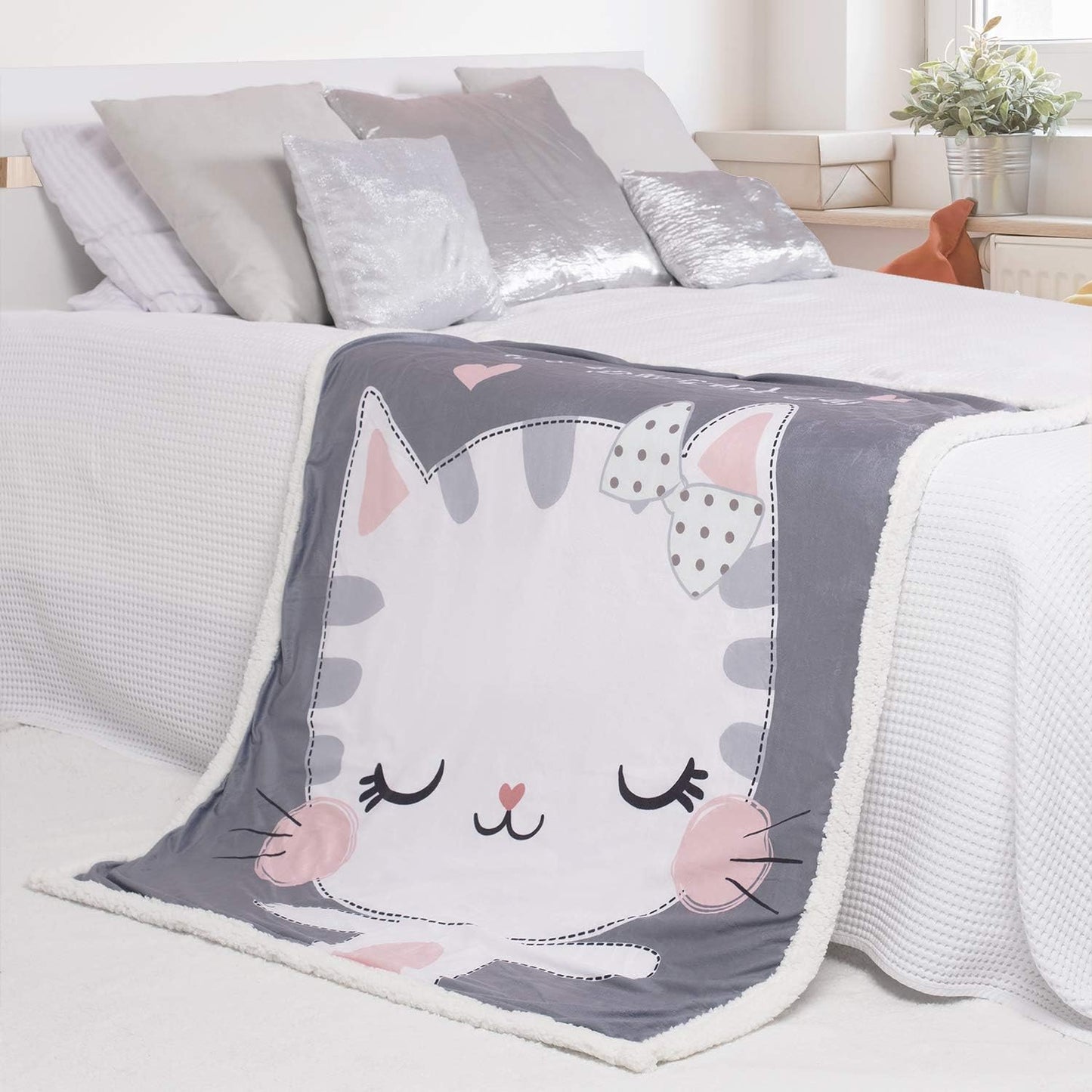 1X 5 STARS UNITED BABY BLANKET FOR GIRLS AND BOYS | GREY CAT 102X127 CM | ANIMAL PRINT PREMIUM FLEECE WITH SHERPA THROW