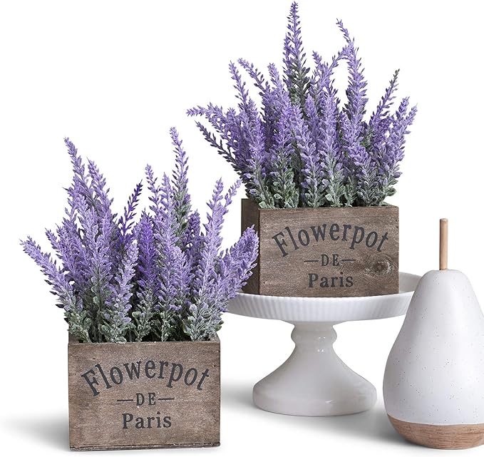 1X BUTTERFLY CRAZE ARTIFICIAL LAVENDER PLANTS IN RUSTIC WOODEN PLANTERS | LIFELIKE, STUNNING FAUX SILK PURPLE FLOWERS (SET OF TWO) BROWN WOOD