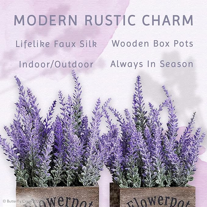 1X BUTTERFLY CRAZE ARTIFICIAL LAVENDER PLANTS IN RUSTIC WOODEN PLANTERS | LIFELIKE, STUNNING FAUX SILK PURPLE FLOWERS (SET OF TWO) BROWN WOOD